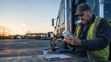 CDL driver checking a supplement label beside his semi before a DOT drug test