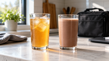A clear citrus-colored protein drink and a creamy chocolate shake in matching glasses on a kitchen counter.
