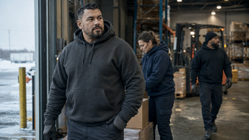 Warehouse workers in durable blue collar sweatshirts and heavy duty workwear hoodies during a cold shift