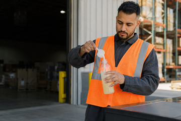 Warehouse worker mixing electrolyte drink powder into a water bottle during a long shift