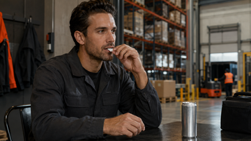 Warehouse worker using a dissolvable energy strip beside an energy drink during a shift break