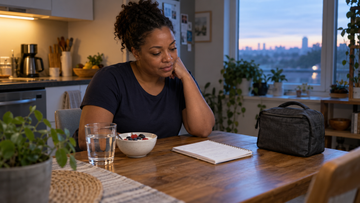 A woman reviews a notebook at a kitchen table with yogurt, water and a lunch bag at dawn.