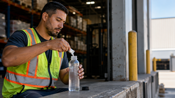 Warehouse worker mixing sugar-free electrolyte powder into water during a long shift