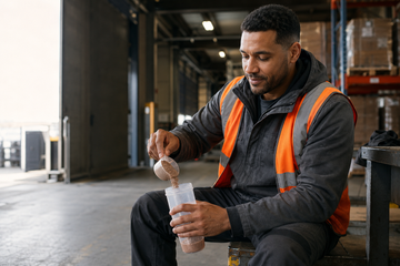 Warehouse worker mixing chocolate whey protein into a shaker bottle during a break
