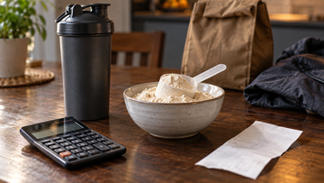 Protein powder, a measuring scoop and a calculator arranged on a kitchen table for comparing value.