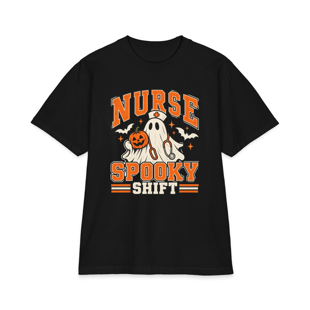 Black front print, product view — Spooky Shift Halloween nurse tee