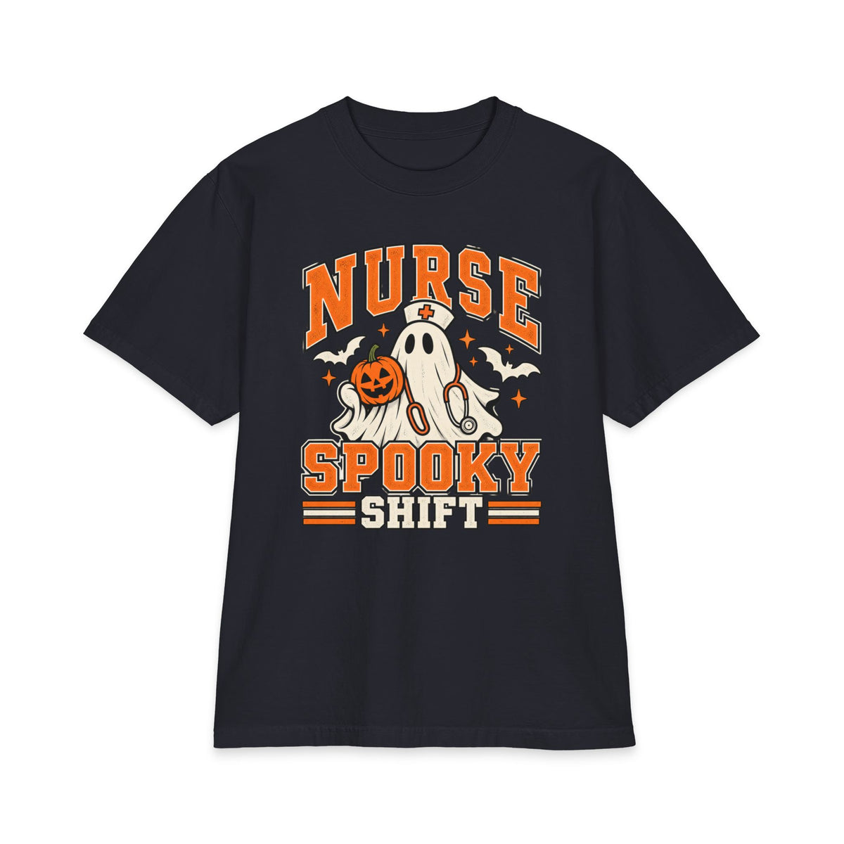 Navy front print, product view — Spooky Shift Halloween nurse tee