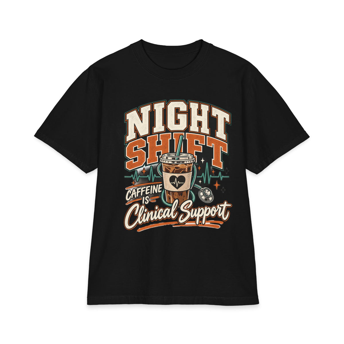 Black front print, product view — Caffeine Is Clinical Support night shift tee