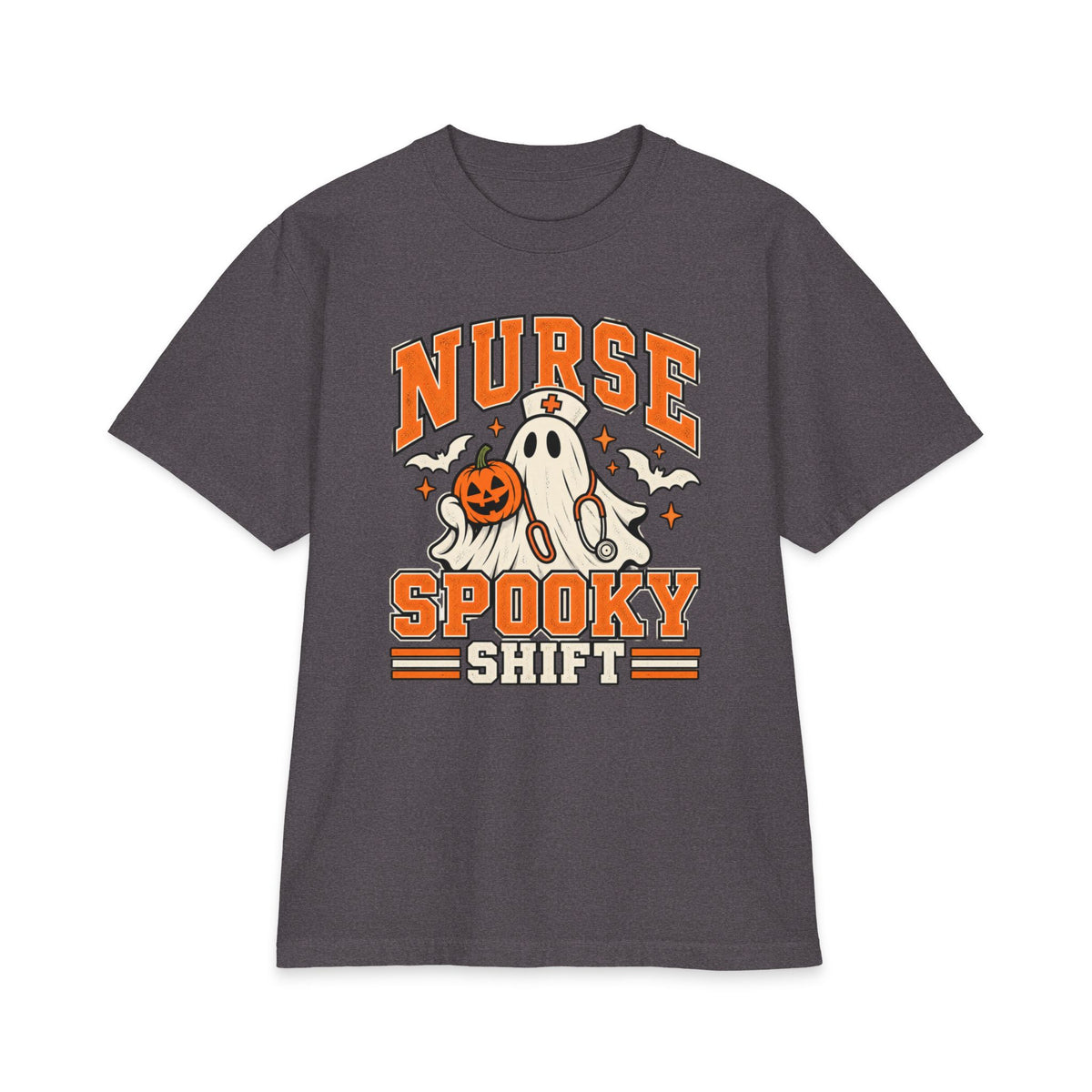 Charcoal Grey front print, product view — Spooky Shift Halloween nurse tee