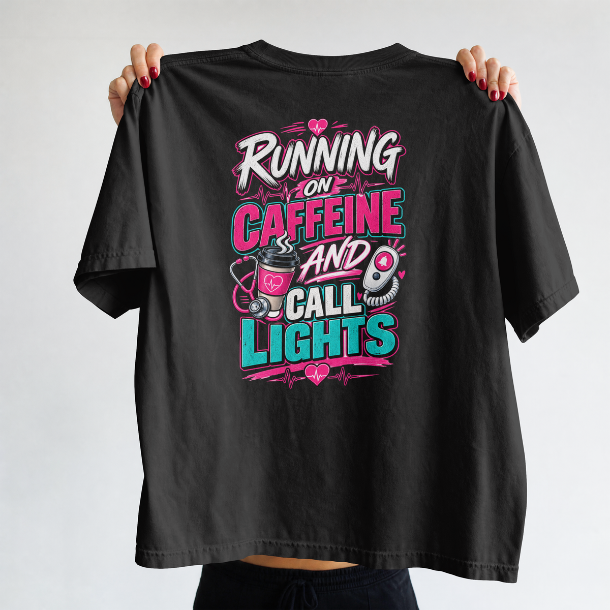 Running on Caffeine and Call Lights T-shirt | Nurse RN Healthcare Tee