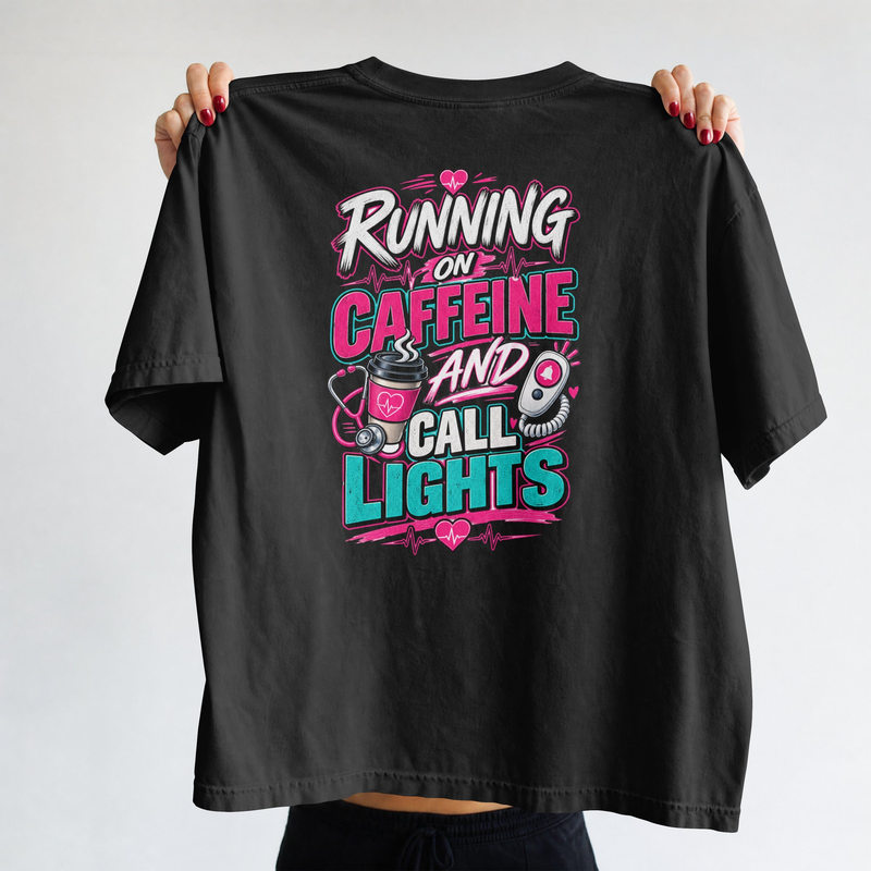 Running on Caffeine and Call Lights T-shirt | Nurse RN Healthcare Tee