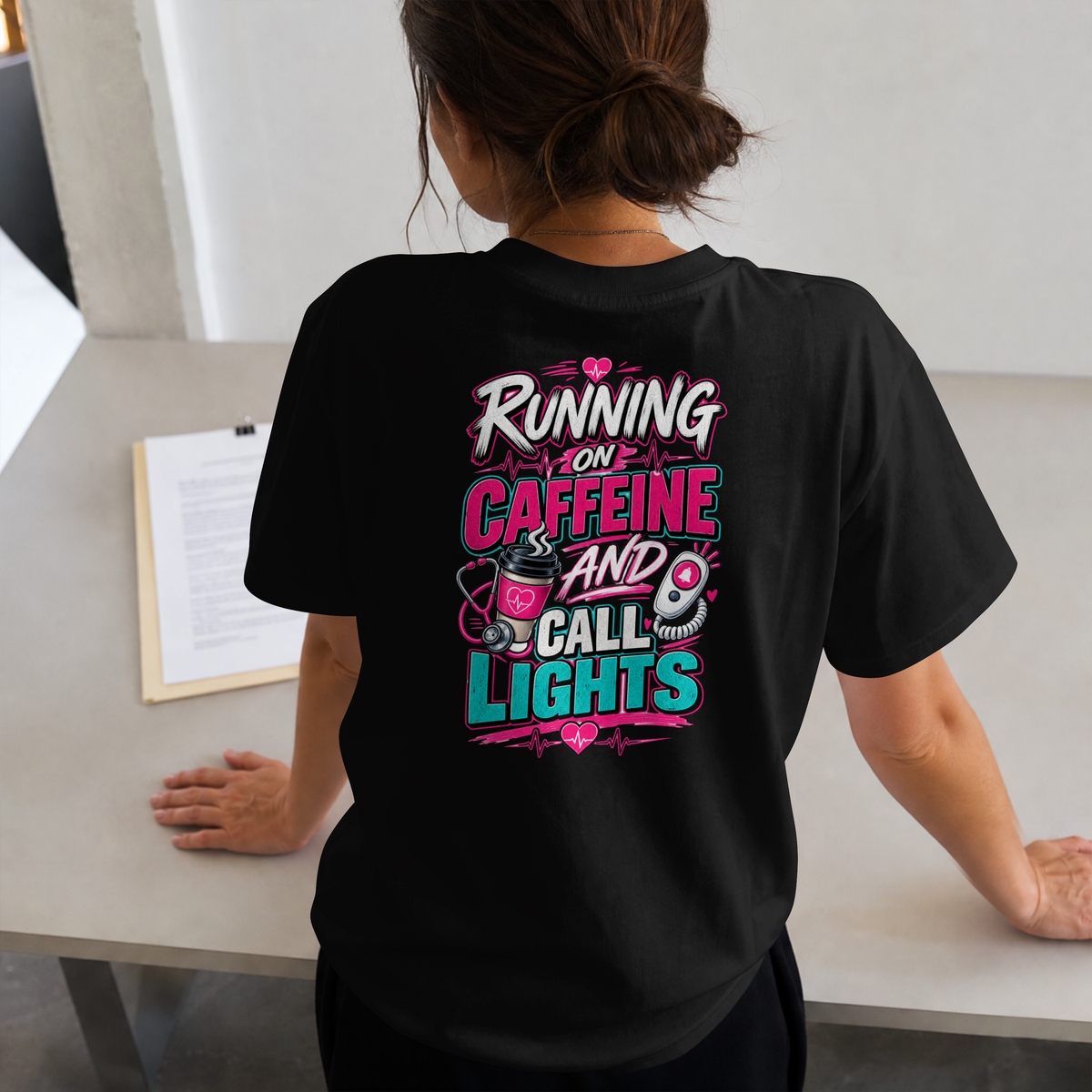 Running on Caffeine and Call Lights T-shirt | Nurse RN Healthcare Tee