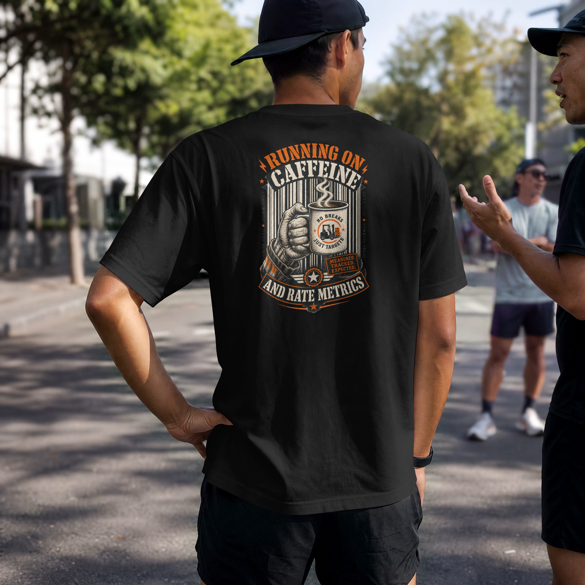 Running on Caffeine and Rate Metrics T-Shirt — Warehouse Worker Tee
