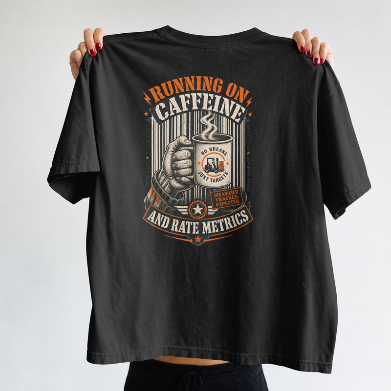 Running on Caffeine and Rate Metrics T-Shirt — Warehouse Worker Tee