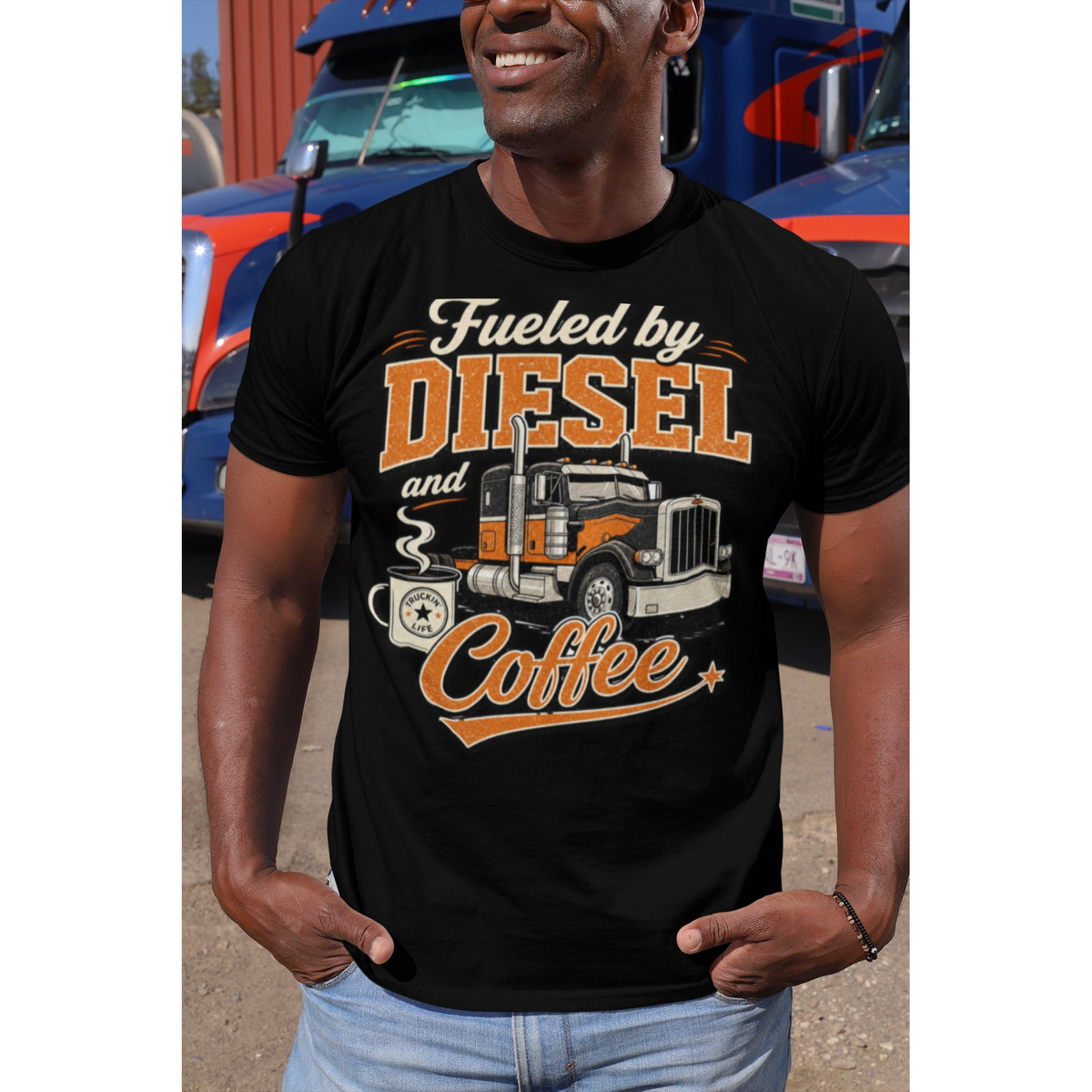 Fueled by Diesel and Coffee black trucker T-shirt, close-up of the front graphic