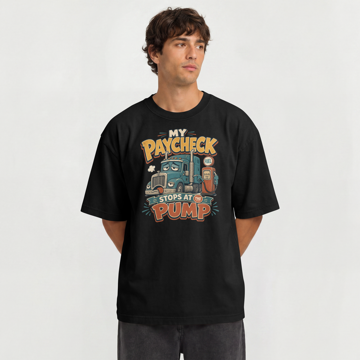 Truck Driver T-Shirt — "My Paycheck Stops at the Pump" Vintage Gas Truck Tee