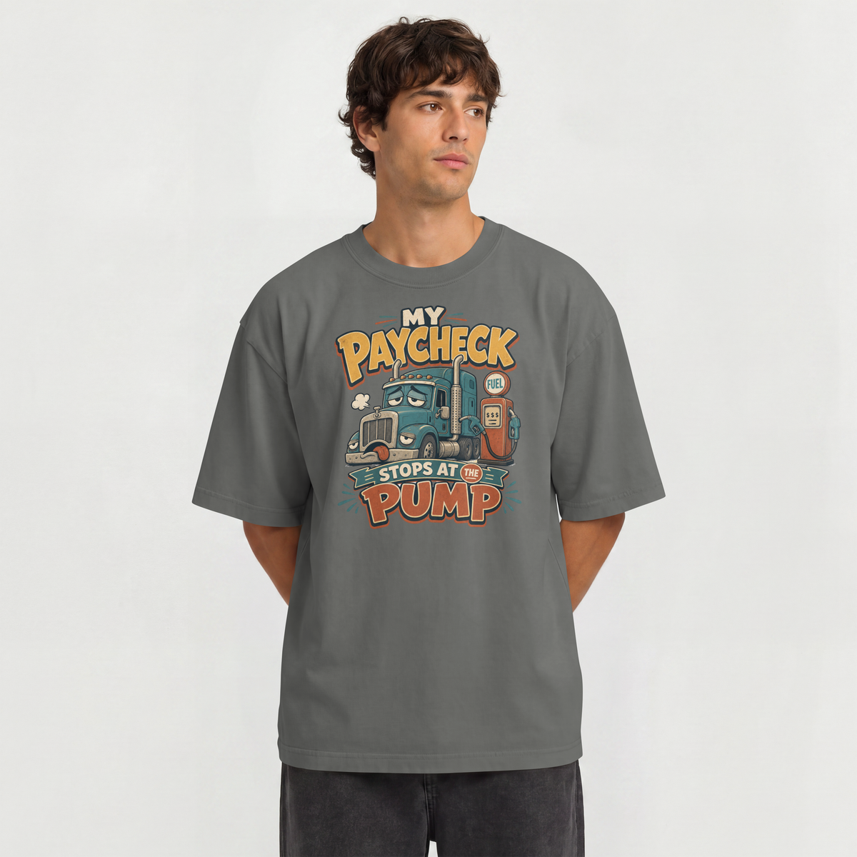 Truck Driver T-Shirt — "My Paycheck Stops at the Pump" Vintage Gas Truck Tee