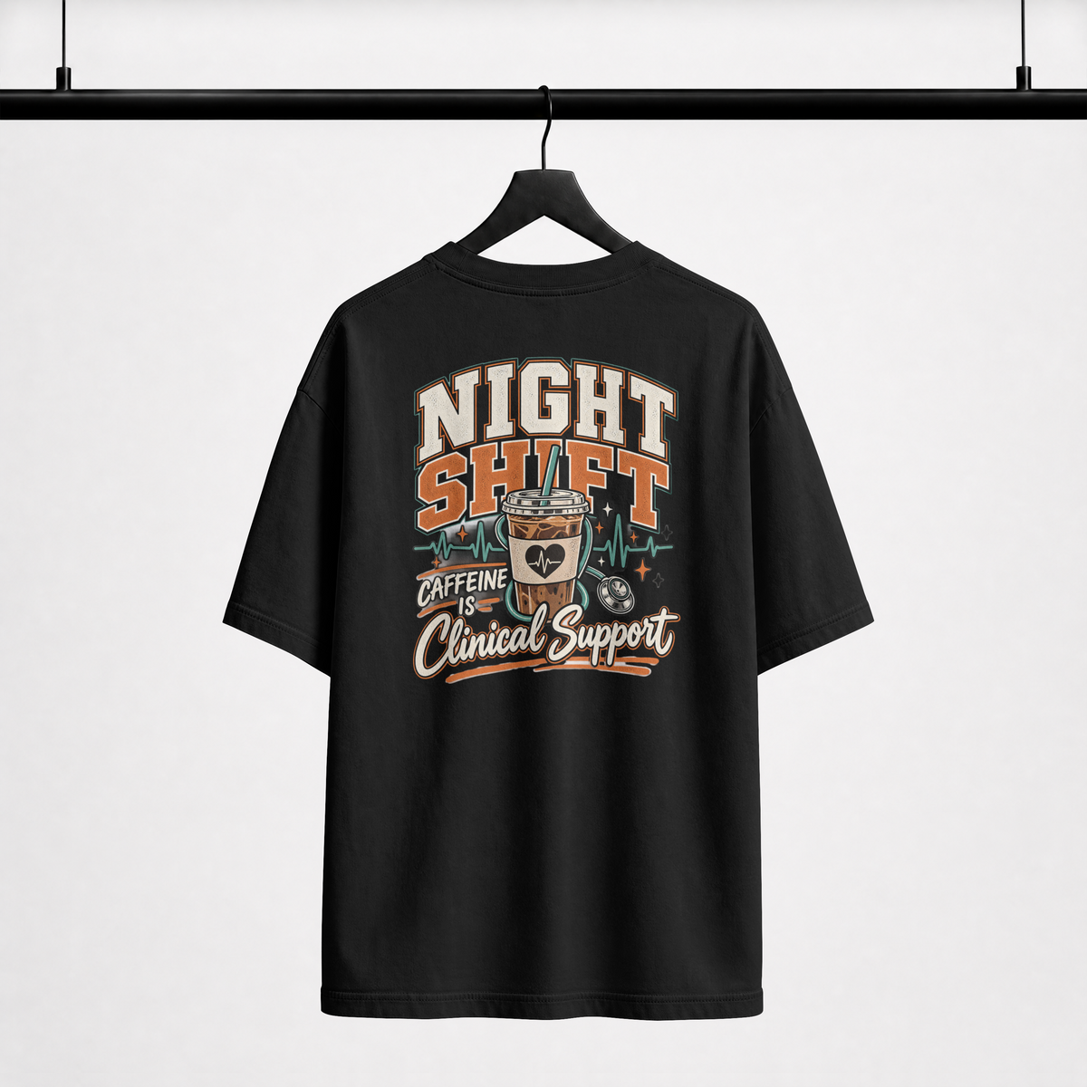 Night Shift T-Shirt — "Caffeine is Clinical Support" Coffee Tee for Nurses & Healthcare Workers