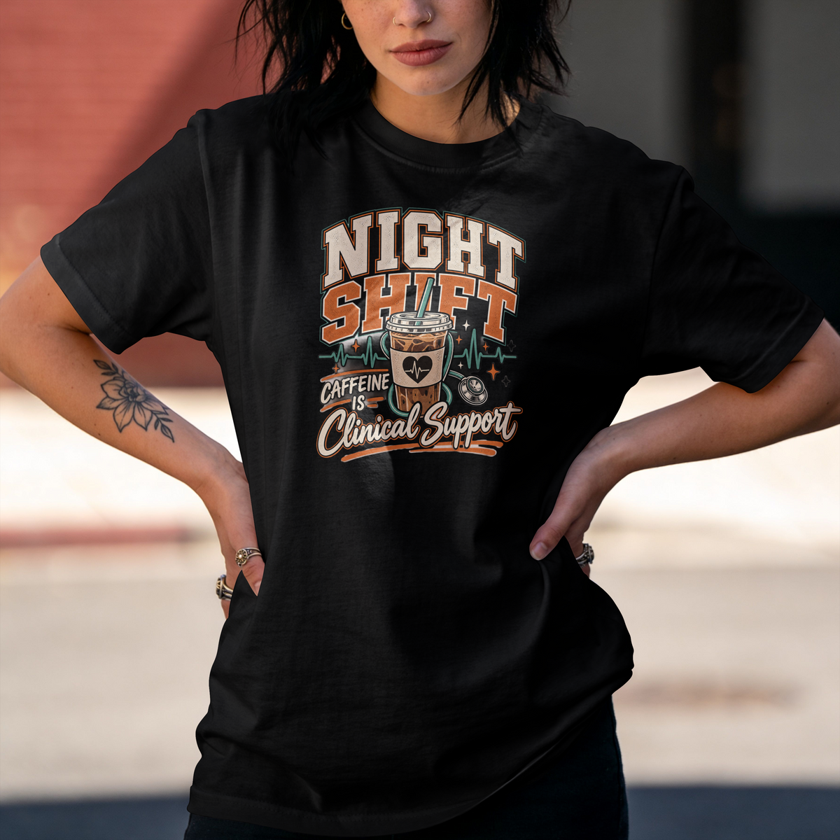Night Shift T-Shirt — "Caffeine is Clinical Support" Coffee Tee for Nurses & Healthcare Workers