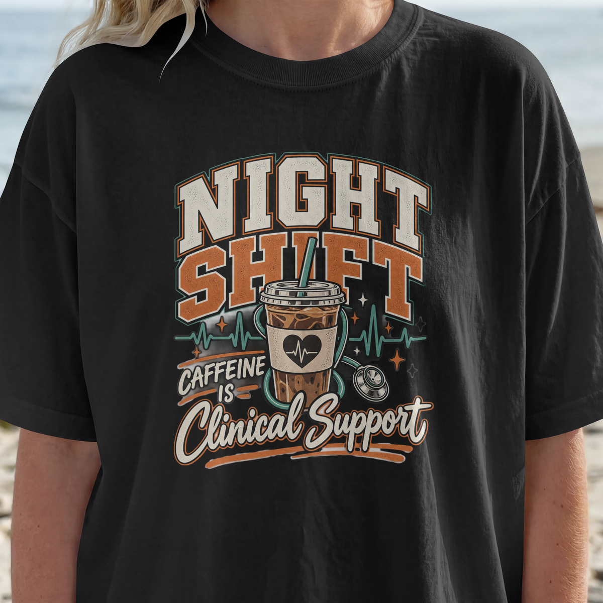 Night Shift T-Shirt — "Caffeine is Clinical Support" Coffee Tee for Nurses & Healthcare Workers