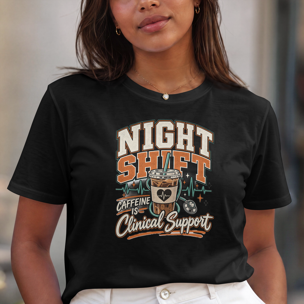 Night Shift T-Shirt — "Caffeine is Clinical Support" Coffee Tee for Nurses & Healthcare Workers