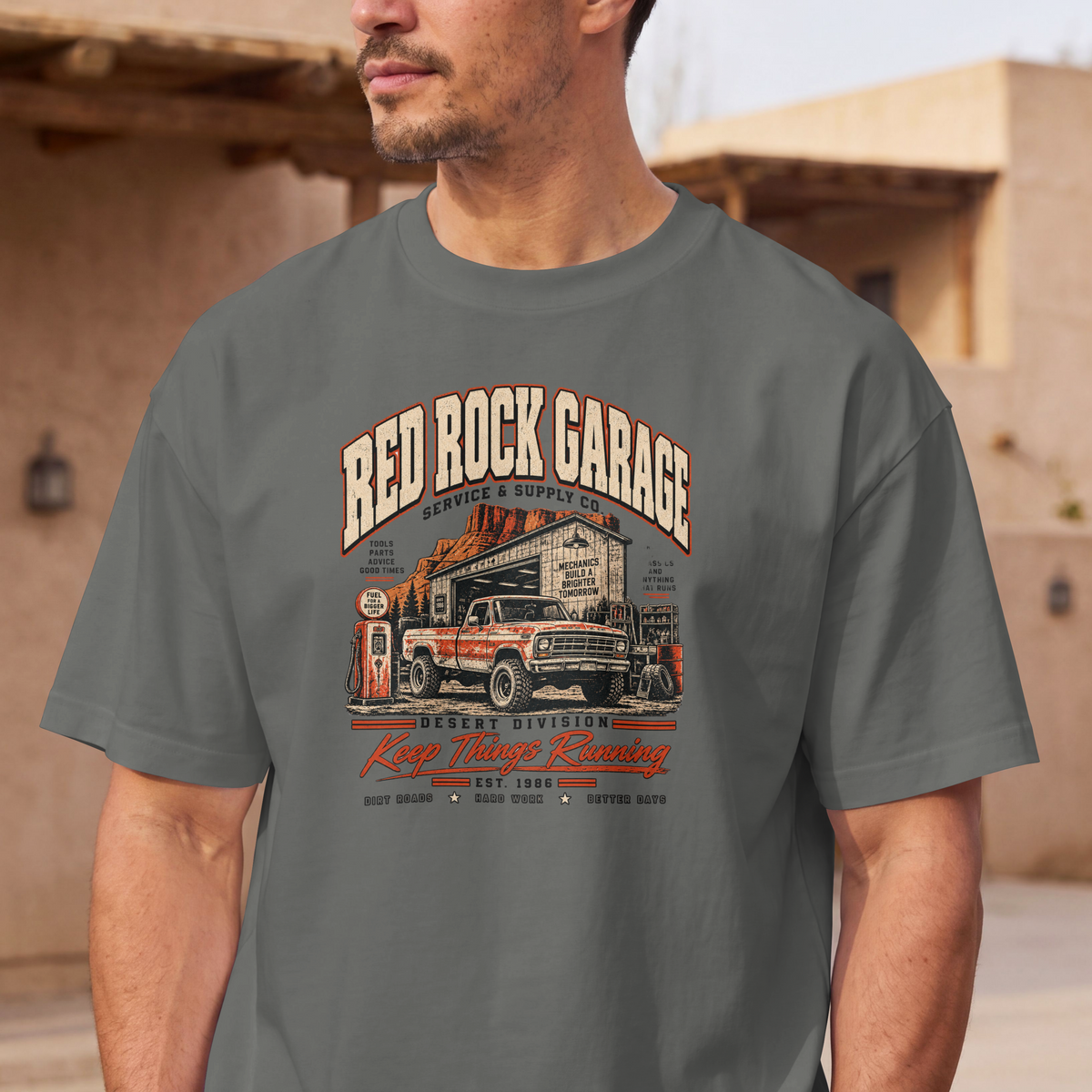 Red Rock Garage retro auto-mechanic vintage truck design on an XGRITX garment-dyed unisex tee, front view