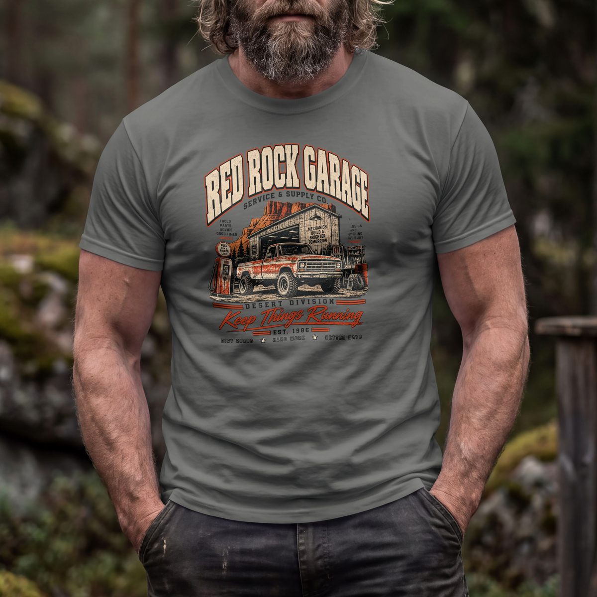 Red Rock Garage retro auto-mechanic vintage truck design on an XGRITX garment-dyed unisex tee, colorway view 10