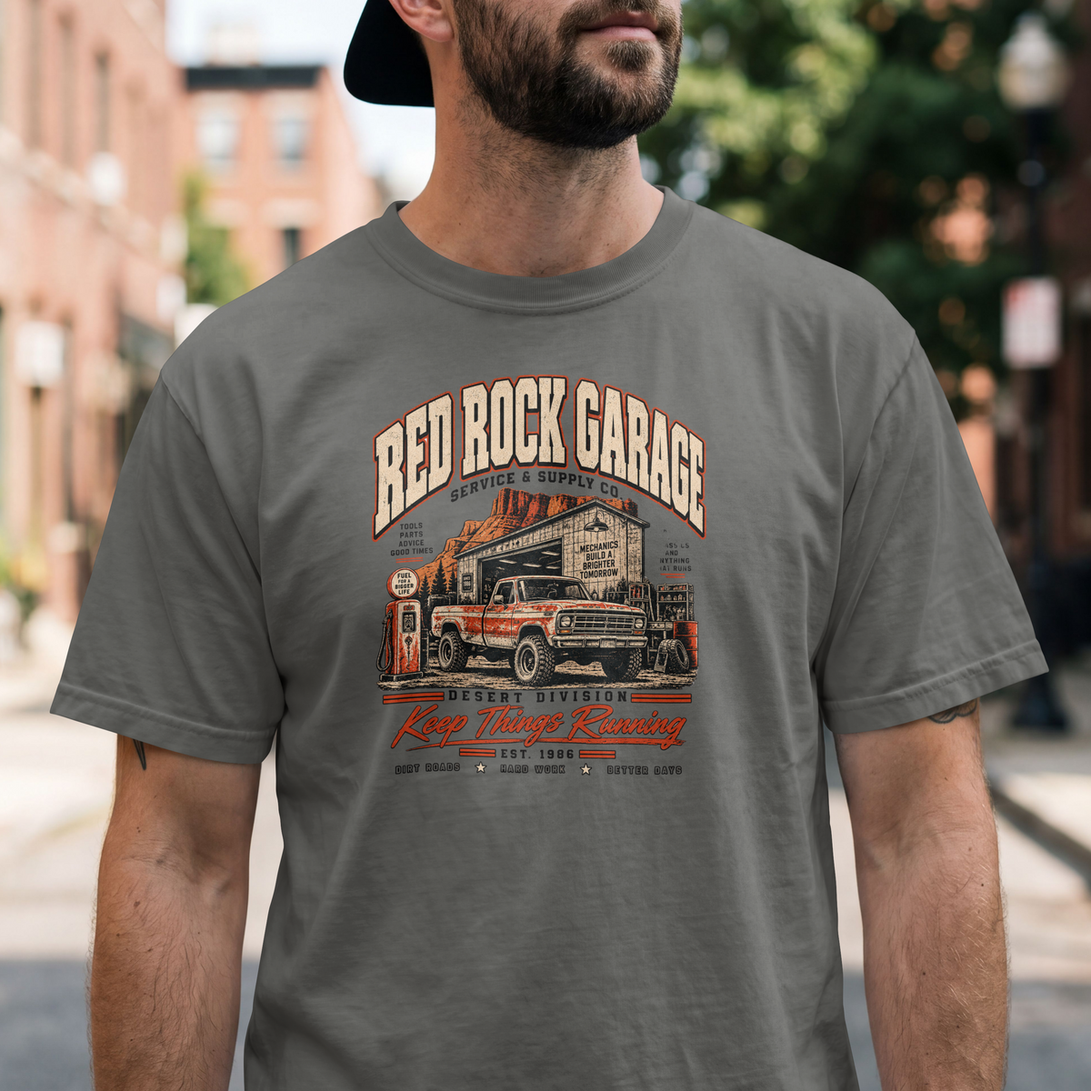 Red Rock Garage retro auto-mechanic vintage truck design on an XGRITX garment-dyed unisex tee, colorway view 11