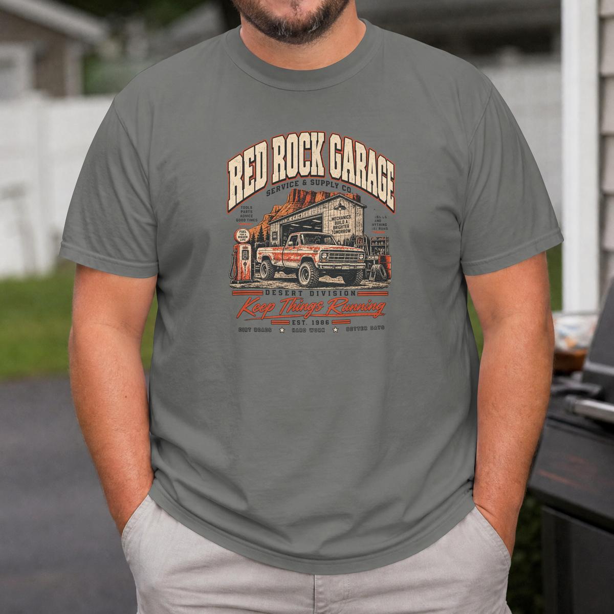 Red Rock Garage retro auto-mechanic vintage truck design on an XGRITX garment-dyed unisex tee, colorway view 1