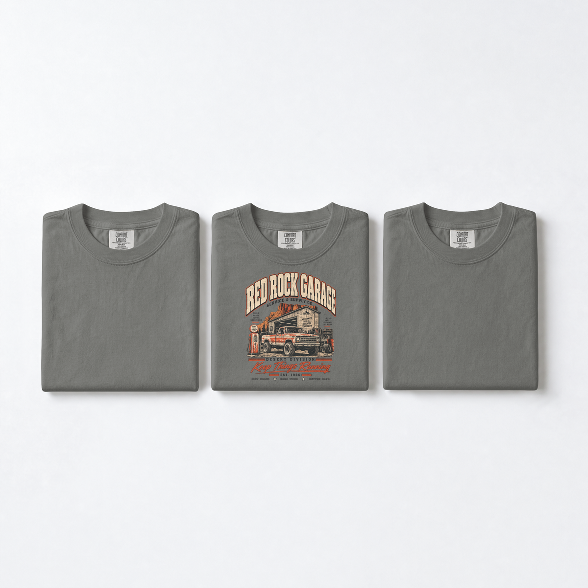 Red Rock Garage retro auto-mechanic vintage truck design on an XGRITX garment-dyed unisex tee, colorway view 2