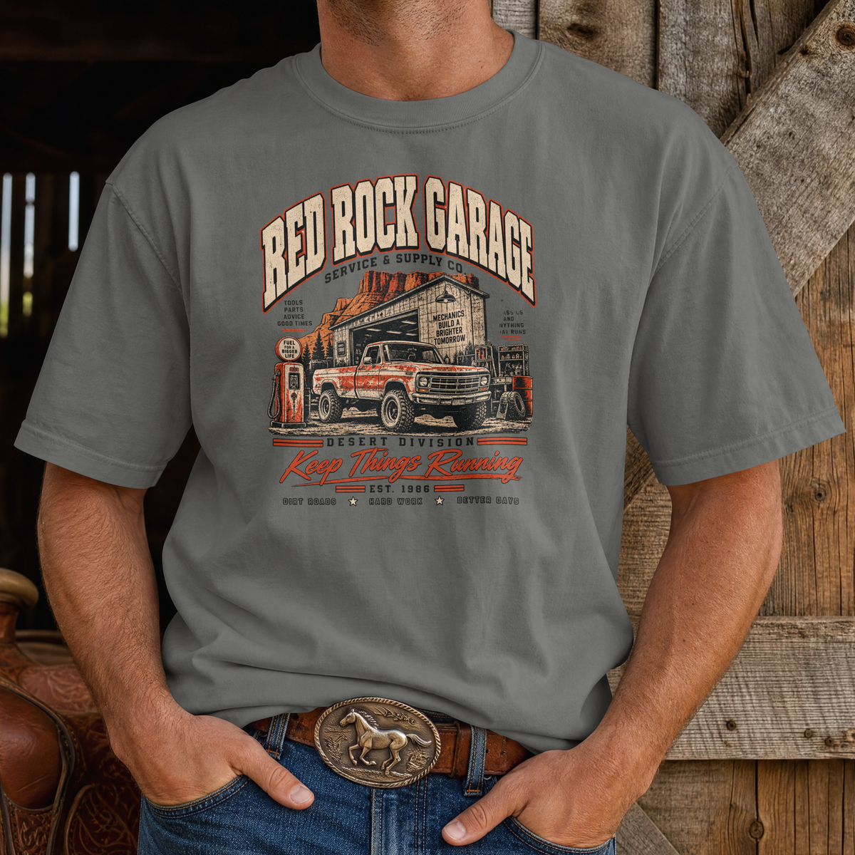 Red Rock Garage retro auto-mechanic vintage truck design on an XGRITX garment-dyed unisex tee, colorway view 12