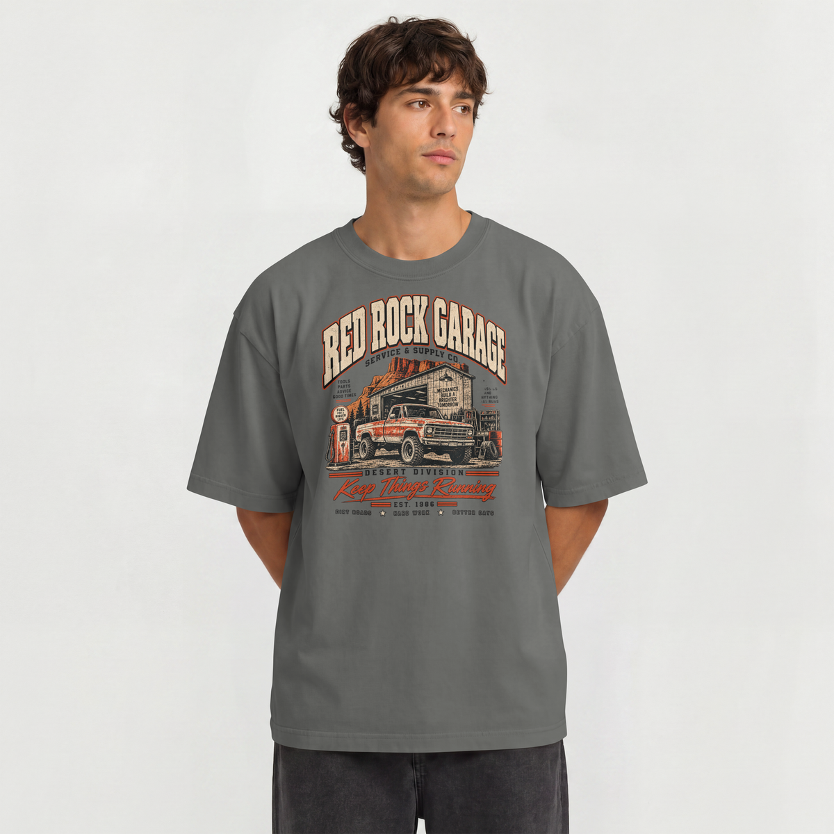 Red Rock Garage retro auto-mechanic vintage truck design on an XGRITX garment-dyed unisex tee, colorway view 3