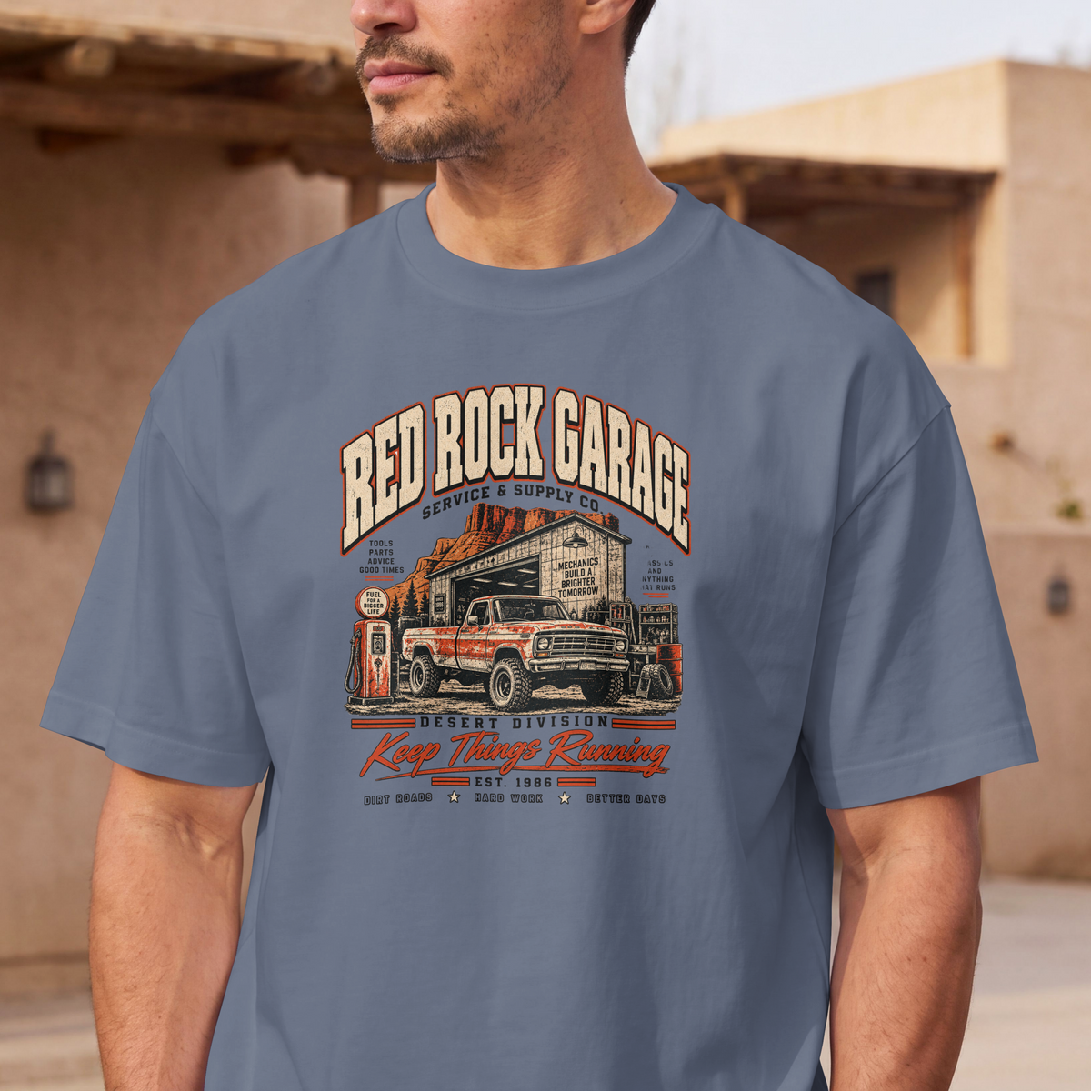 Red Rock Garage retro auto-mechanic vintage truck design on an XGRITX garment-dyed unisex tee, design detail