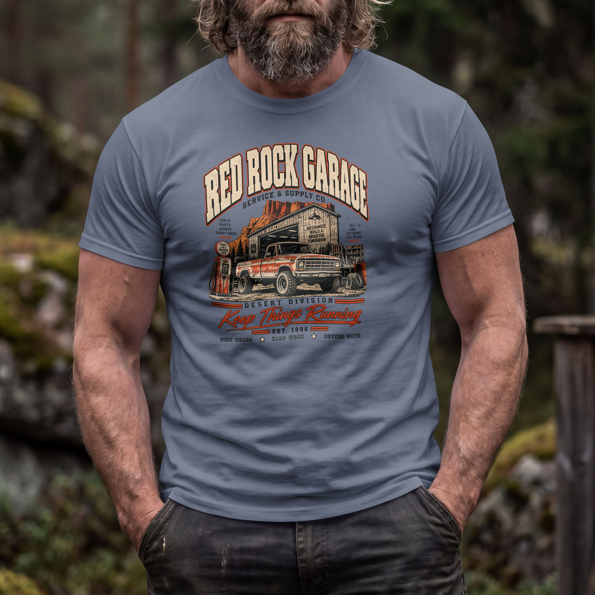Red Rock Garage retro auto-mechanic vintage truck design on an XGRITX garment-dyed unisex tee, colorway view 4