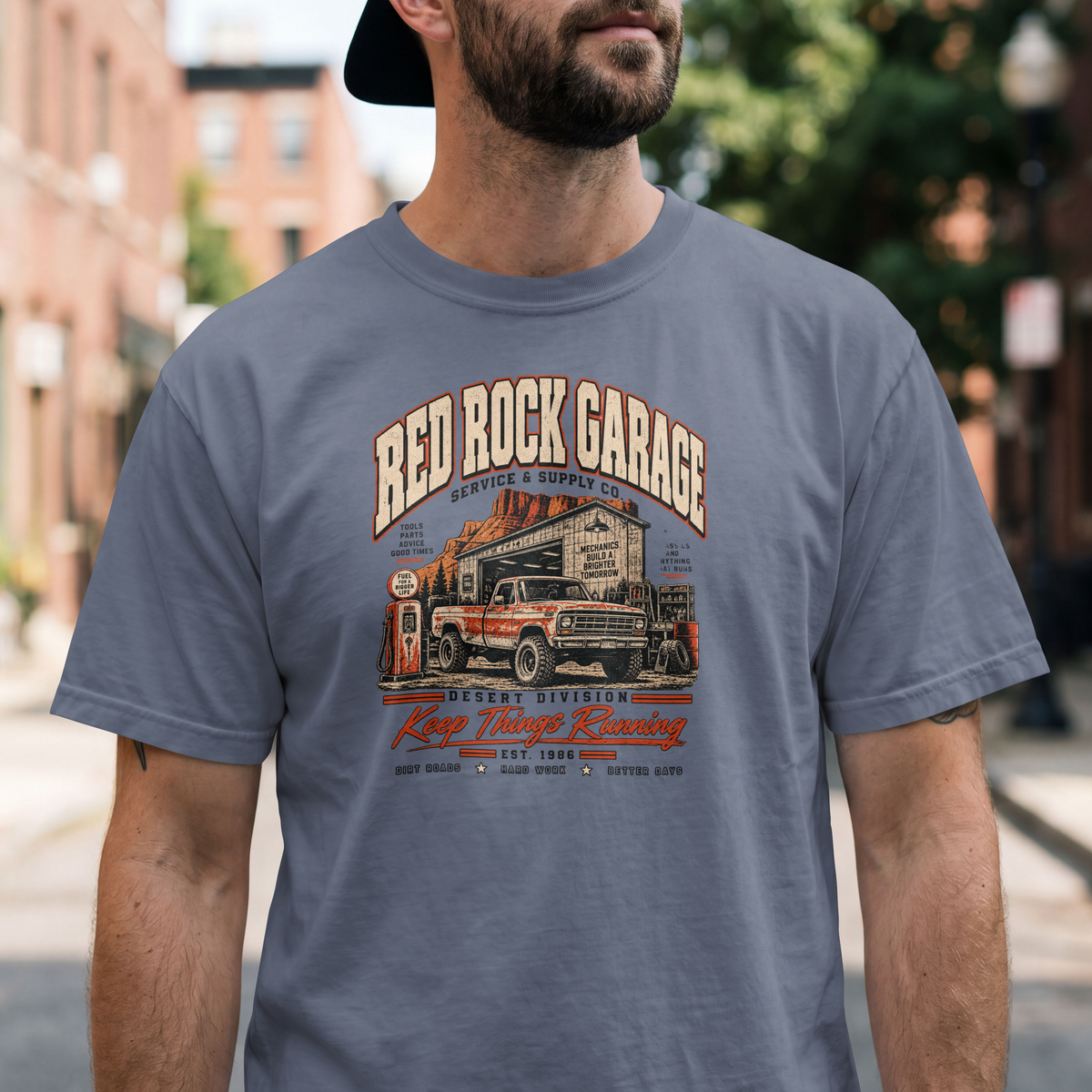 Red Rock Garage retro auto-mechanic vintage truck design on an XGRITX garment-dyed unisex tee, colorway view 5