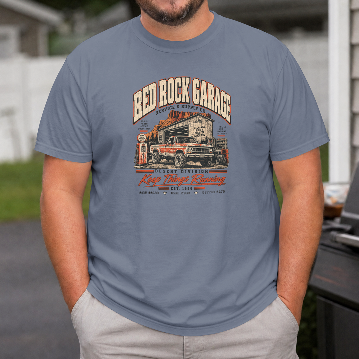 Red Rock Garage retro auto-mechanic vintage truck design on an XGRITX garment-dyed unisex tee, colorway view 6