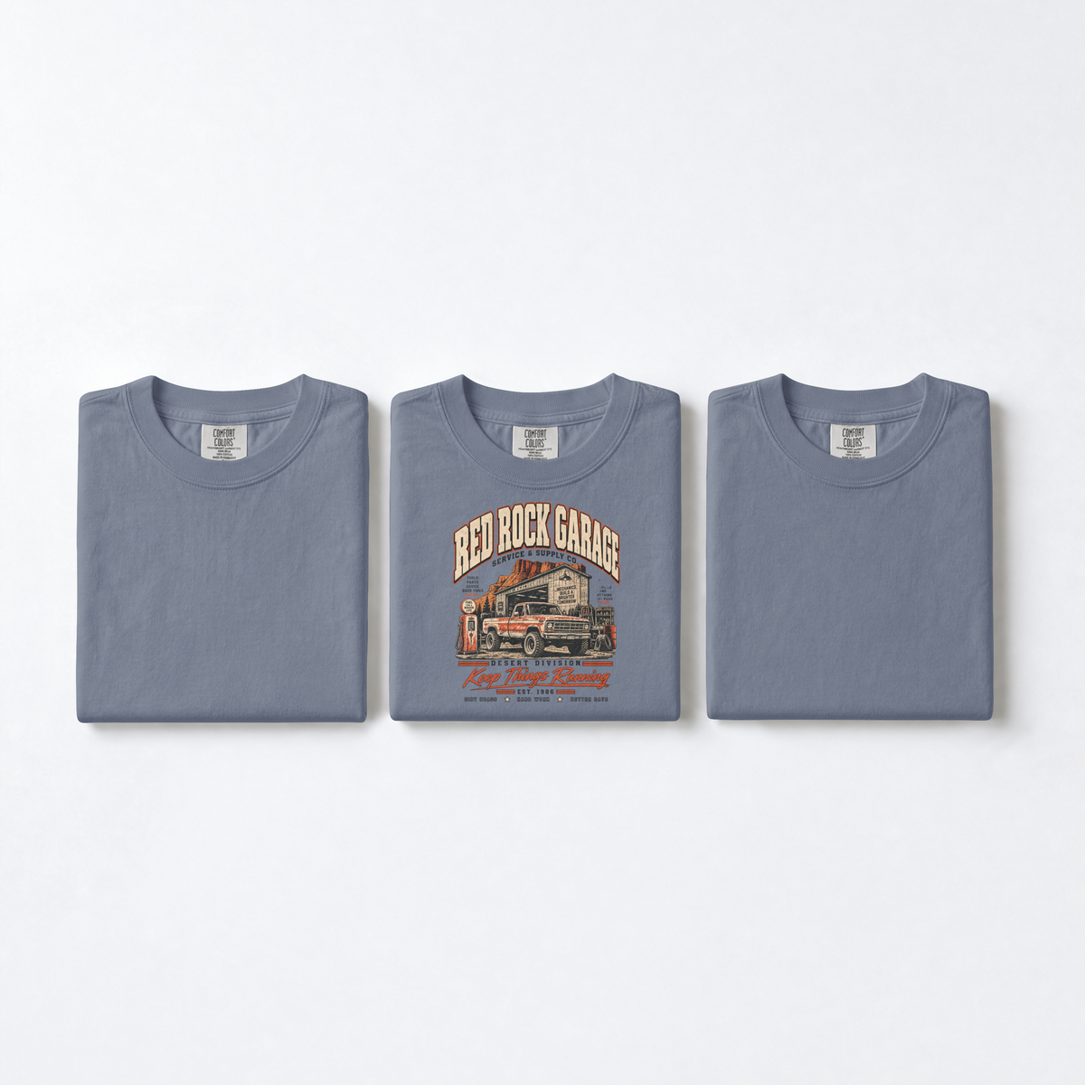 Red Rock Garage retro auto-mechanic vintage truck design on an XGRITX garment-dyed unisex tee, colorway view 7