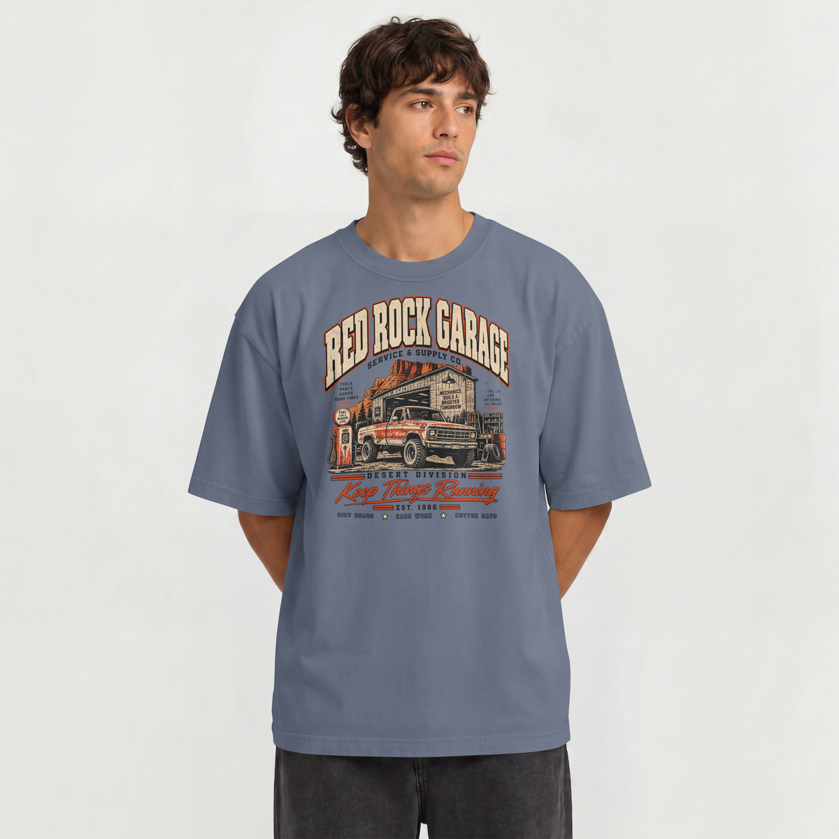 Red Rock Garage retro auto-mechanic vintage truck design on an XGRITX garment-dyed unisex tee, colorway view 9