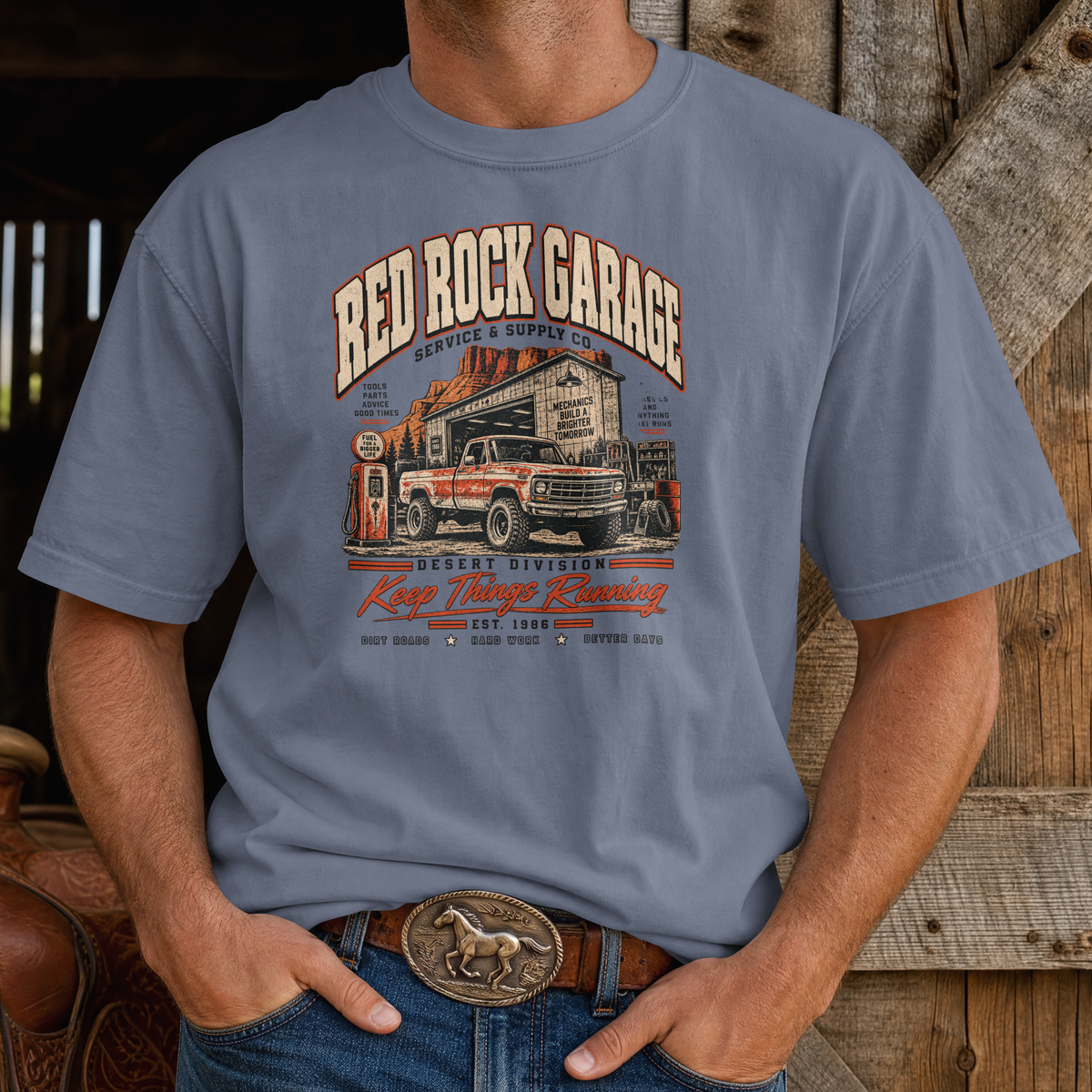 Red Rock Garage retro auto-mechanic vintage truck design on an XGRITX garment-dyed unisex tee, colorway view 8