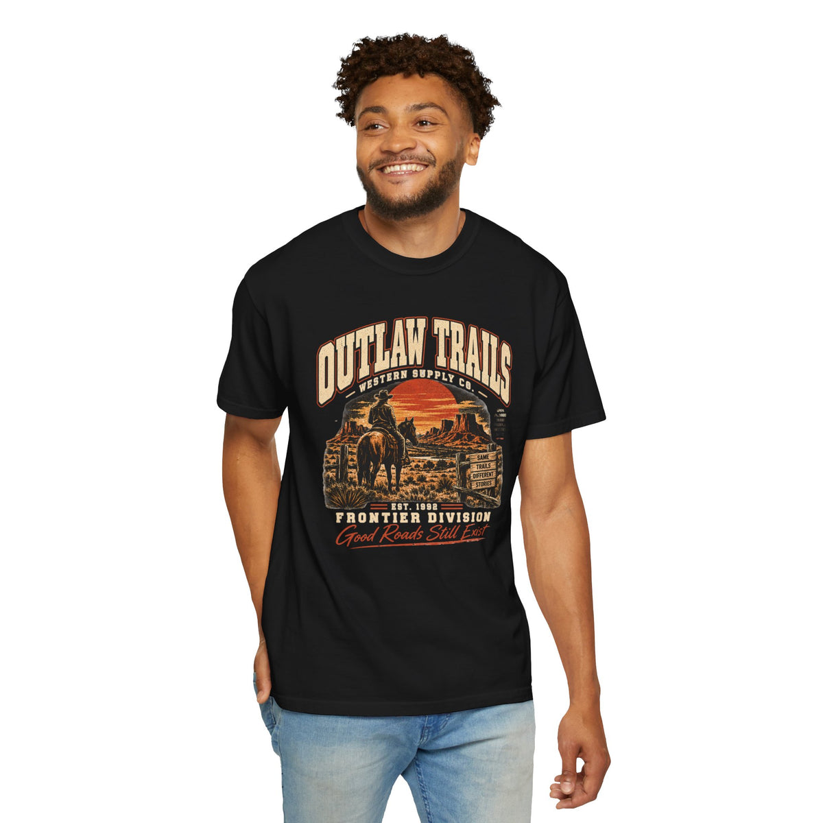 Outlaw Trails Vintage Western T-Shirt — Frontier Division Graphic Tee