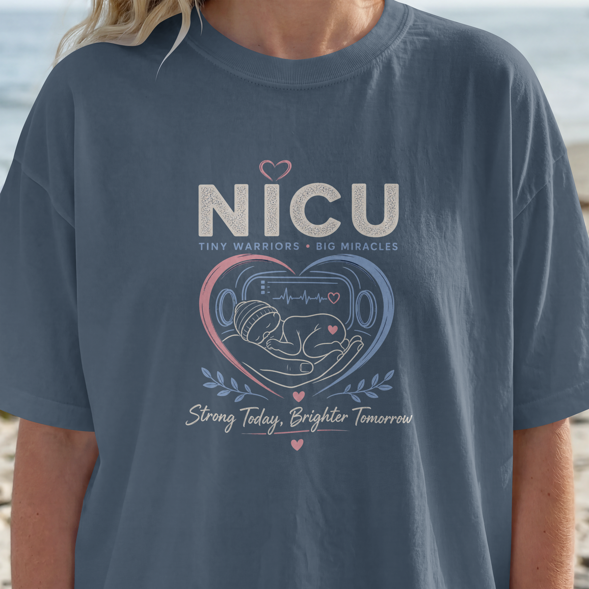 NICU Nurse Tiny Warriors Big Miracles tee, second colorway, lifestyle view