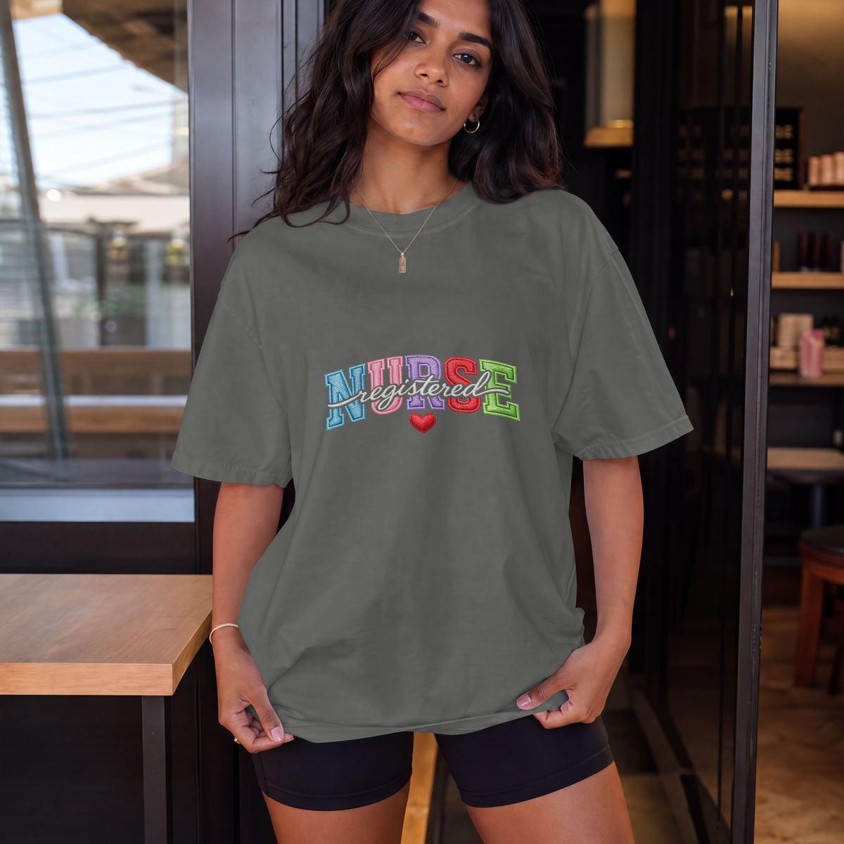 Registered Nurse Shirt – Faux Embroidered Varsity RN Tee