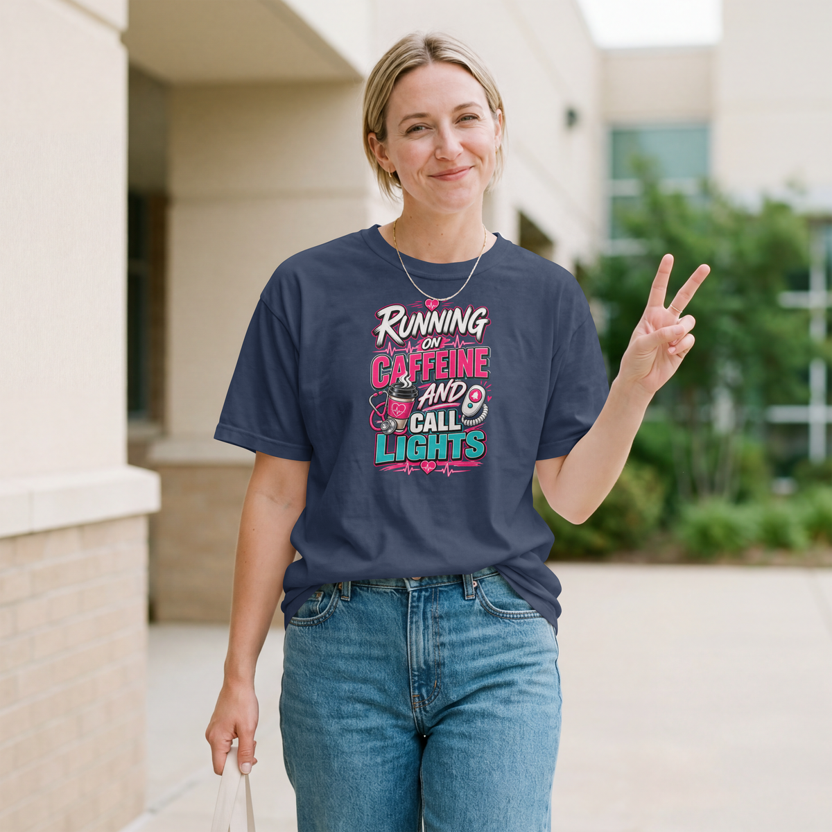 Running on Caffeine and Call Lights Funny Nurse Shirt