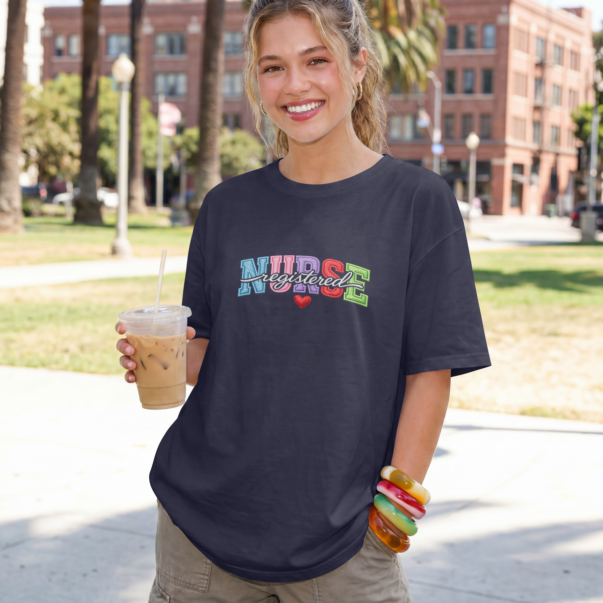 Registered Nurse Shirt – Faux Embroidered Varsity RN Tee