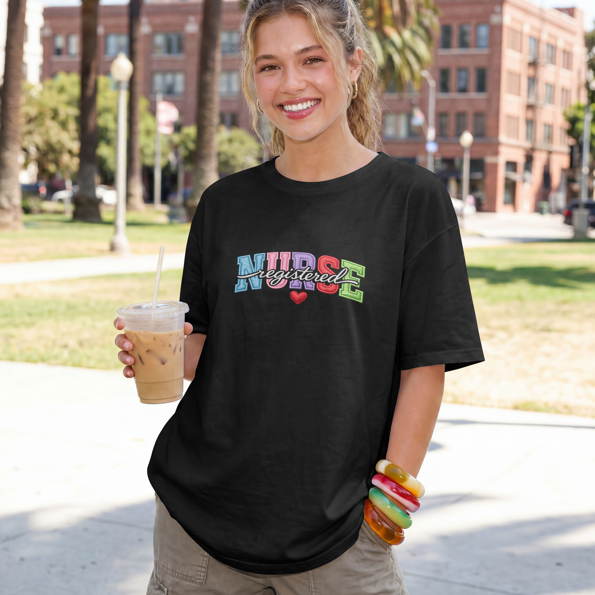 Registered Nurse Shirt – Faux Embroidered Varsity RN Tee
