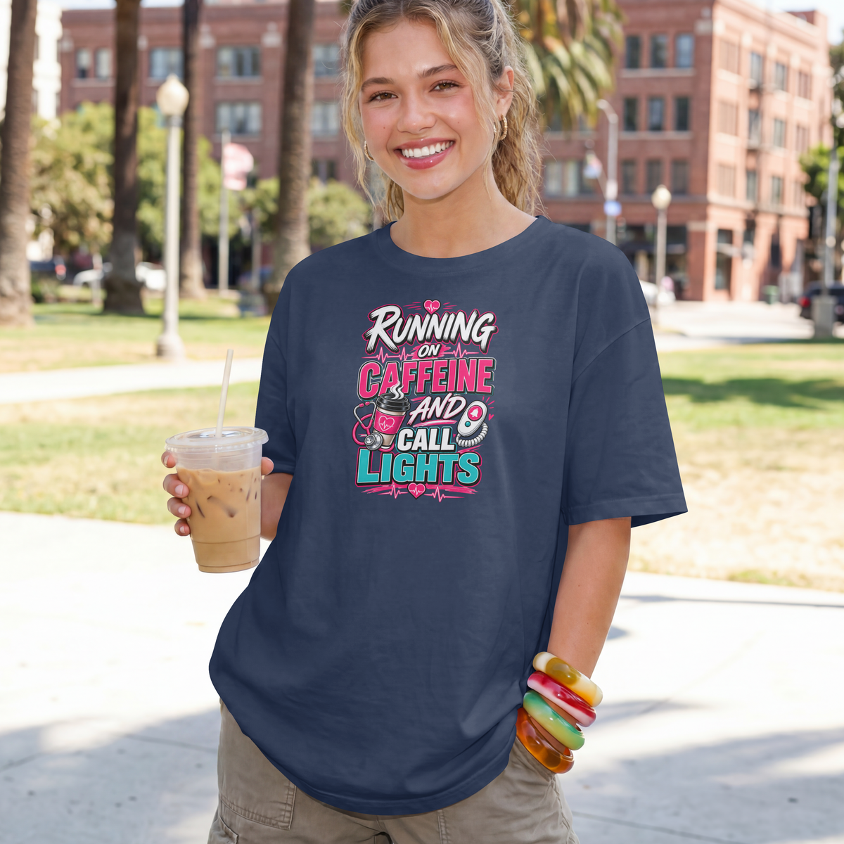 Running on Caffeine and Call Lights Funny Nurse Shirt