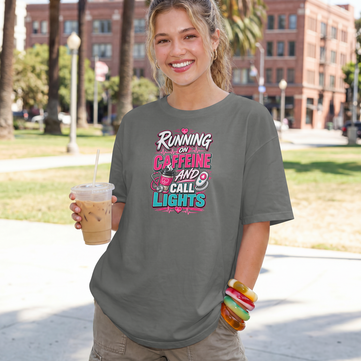Running on Caffeine and Call Lights Funny Nurse Shirt