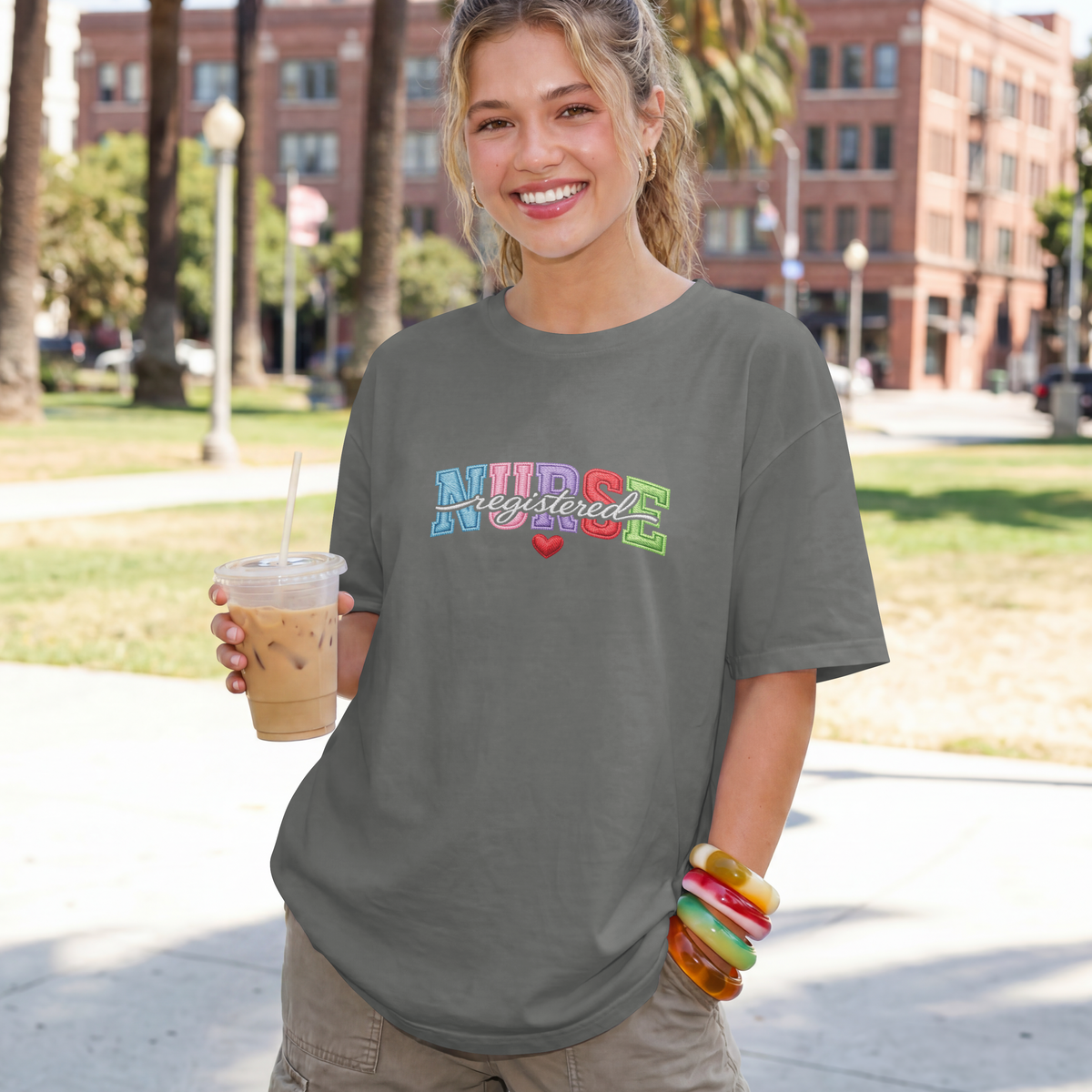 Registered Nurse Shirt – Faux Embroidered Varsity RN Tee
