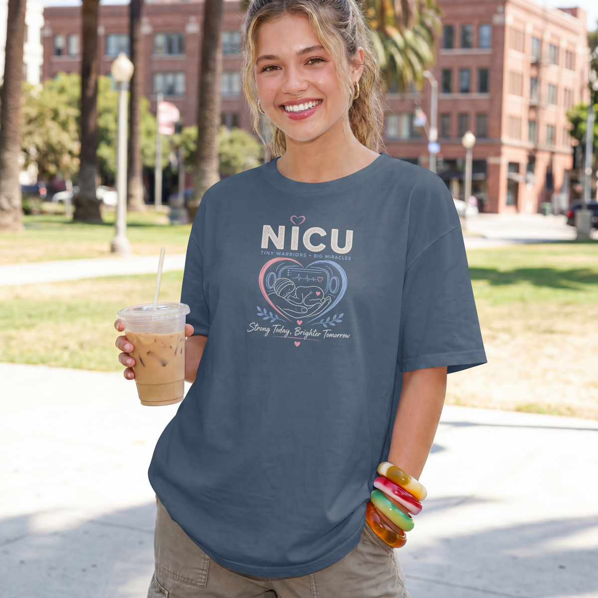 NICU Nurse Tiny Warriors Big Miracles tee, second colorway, chest graphic detail