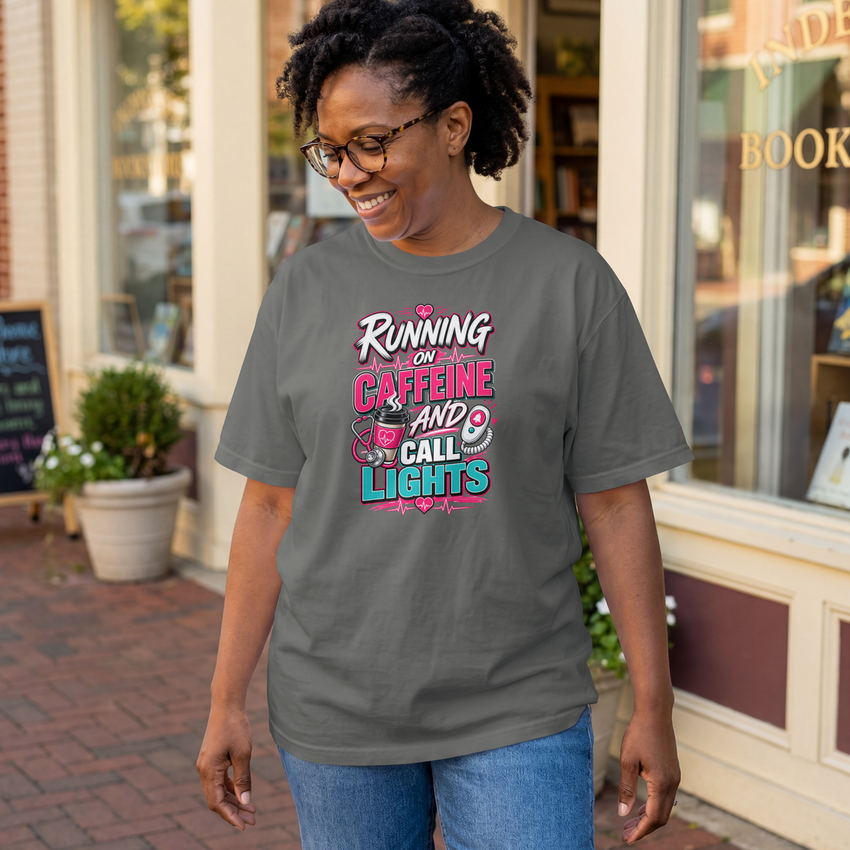 Running on Caffeine and Call Lights Funny Nurse Shirt